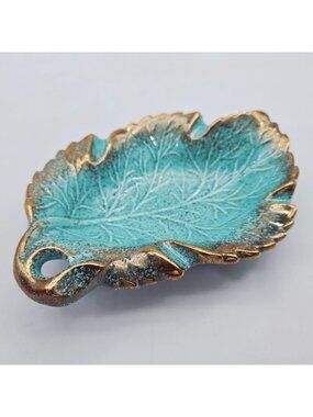 Leaf-Shaped Ceramic Ashtray Turquoise Gold Accents California Pottery 8x6